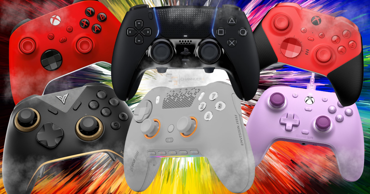 Collage of popular gaming controllers including PlayStation, Xbox, SCUF, Flydigi, and GameSir models arranged over a colorful high-energy burst background with smoke effects, representing top controller options for PC and console gaming.
