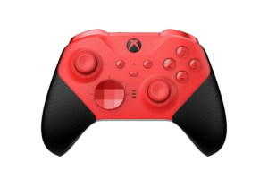 Red and black Xbox wireless gaming controller with textured grips, analog sticks, and customizable control layout.