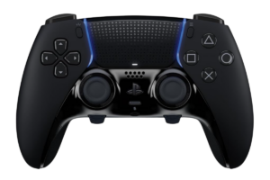 Black PlayStation 5 DualSense wireless controller with adaptive triggers, analog sticks, touchpad, and modern ergonomic design.