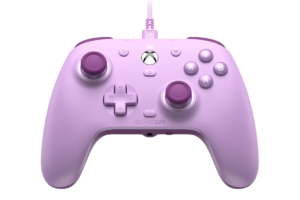 Purple wired GameSir gaming controller with asymmetrical thumbsticks, D-pad, face buttons, and ergonomic design for PC and console gaming.