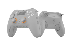 SCUF Envision Pro wireless gaming controller shown from front and rear angles, featuring programmable back paddles, customizable buttons, and ergonomic grips.