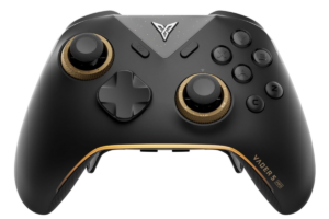 Flydigi Vader 5 Pro wireless gaming controller in black with gold accents, featuring asymmetrical thumbsticks, programmable controls, and ergonomic design.