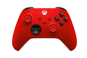 Red Xbox wireless controller with black buttons and asymmetrical thumbsticks, designed for console and PC gaming.