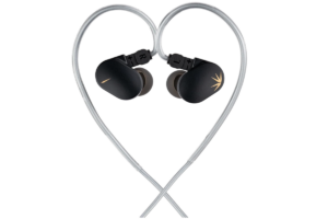 Moondrop Chu II in-ear monitors with silver cables arranged in the shape of a heart, featuring black earbuds with gold accents on a transparent background.