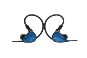 TRUTHEAR x Crinacle Zero Blue in-ear monitors with blue textured faceplates and black over-ear cables displayed against a black background.
