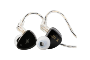 SIMGOT EM6L Phoenix in-ear monitors with black faceplates, transparent housings, silver cables, and white silicone ear tips displayed against a black background.