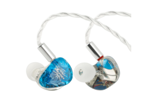 Kiwi Ears Orchestra Lite in-ear monitors with transparent blue resin shells, white ear tips, and silver braided cables displayed against a black background.