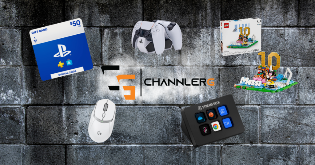 Gaming gift guide collage featuring a PlayStation gift card, PS5 DualSense controller, LEGO Lionel Messi set, Logitech gaming mouse, and Elgato Stream Deck arranged around the ChannlerG logo on a concrete wall background.
