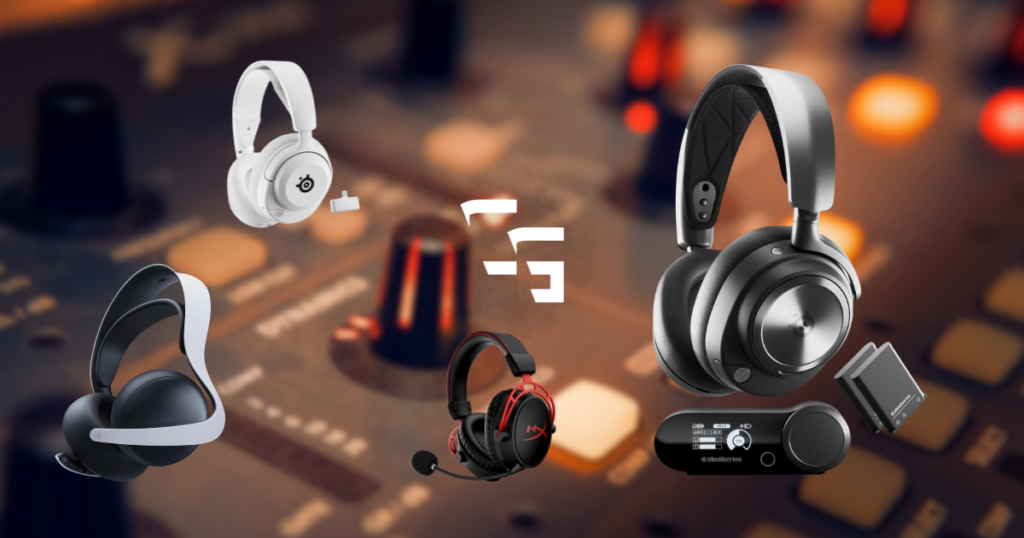 Comparison image featuring four gaming headsets, including SteelSeries, PlayStation, and HyperX models, displayed over an audio mixing console background for a gaming headset roundup.
