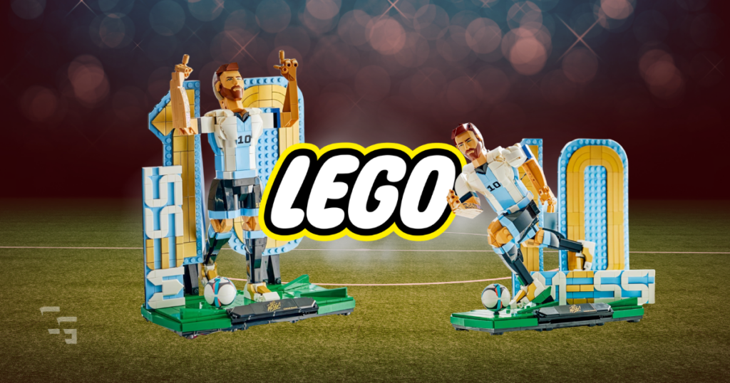 Custom graphic featuring two LEGO Lionel Messi Soccer Legend display models on a soccer field with the LEGO logo centered between the figures.