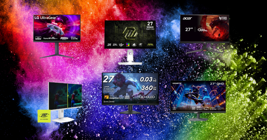 Collage of top 1440p gaming monitors featuring LG UltraGear, Acer Nitro, MSI, Alienware QD-OLED, Gigabyte, and MSI AI Vision displays on a colorful abstract background.