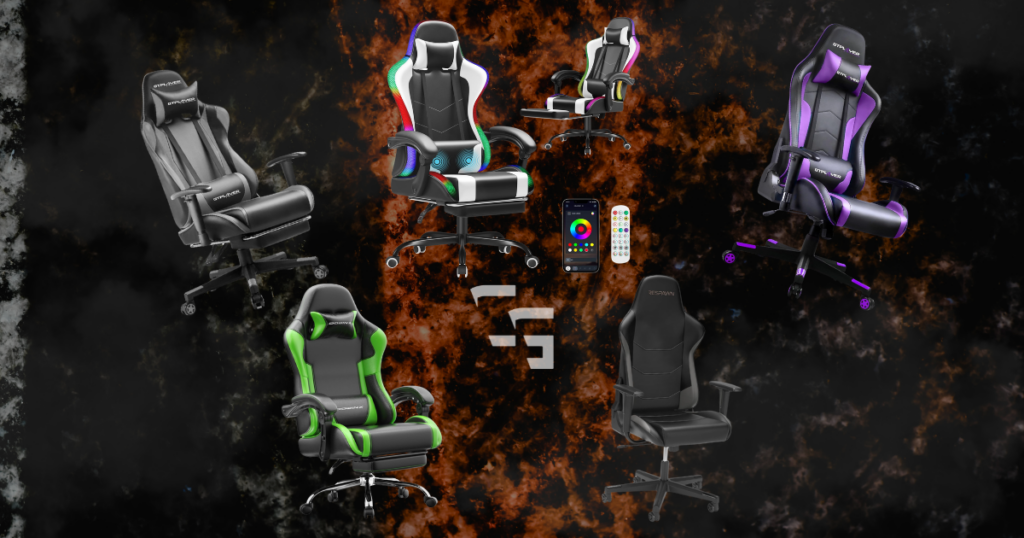Comparison of budget gaming chairs including GTPLAYER, Dowinx, Respawn, and RGB gaming chair models displayed on a dramatic dark background for a gaming chair buying guide.
