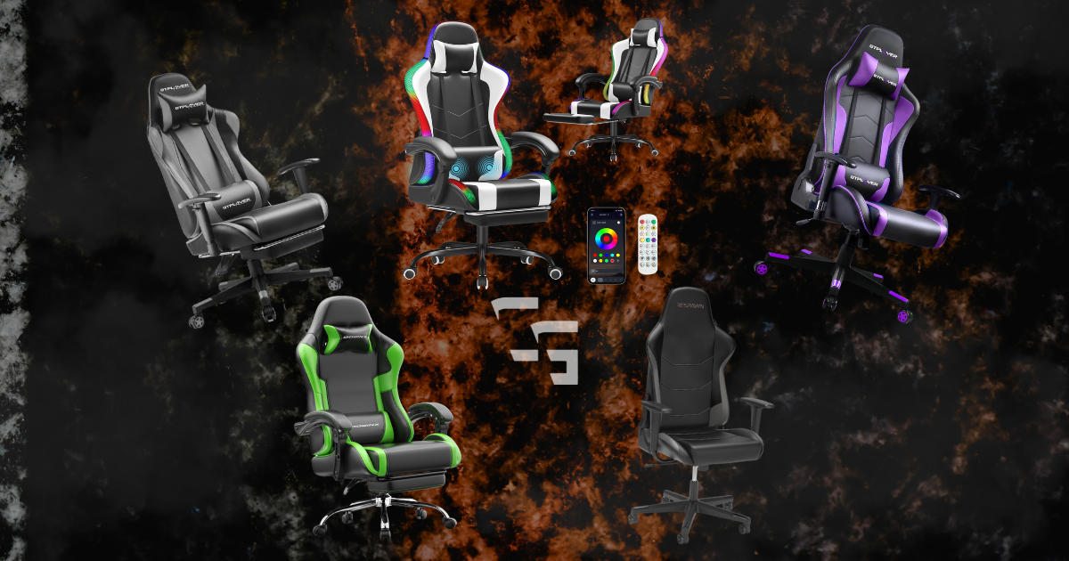 Comparison of budget gaming chairs including GTPLAYER, Dowinx, Respawn, and RGB gaming chair models displayed on a dramatic dark background for a gaming chair buying guide.
