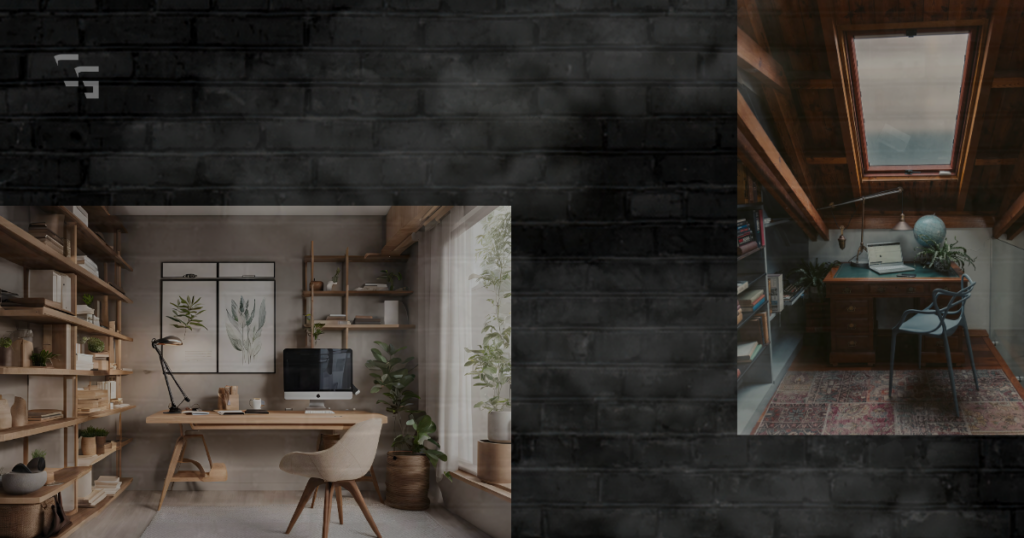 Comparison of two small home office setups, featuring a bright minimalist workspace and a cozy attic office, highlighting creative solutions for compact rooms and remote work environments.
