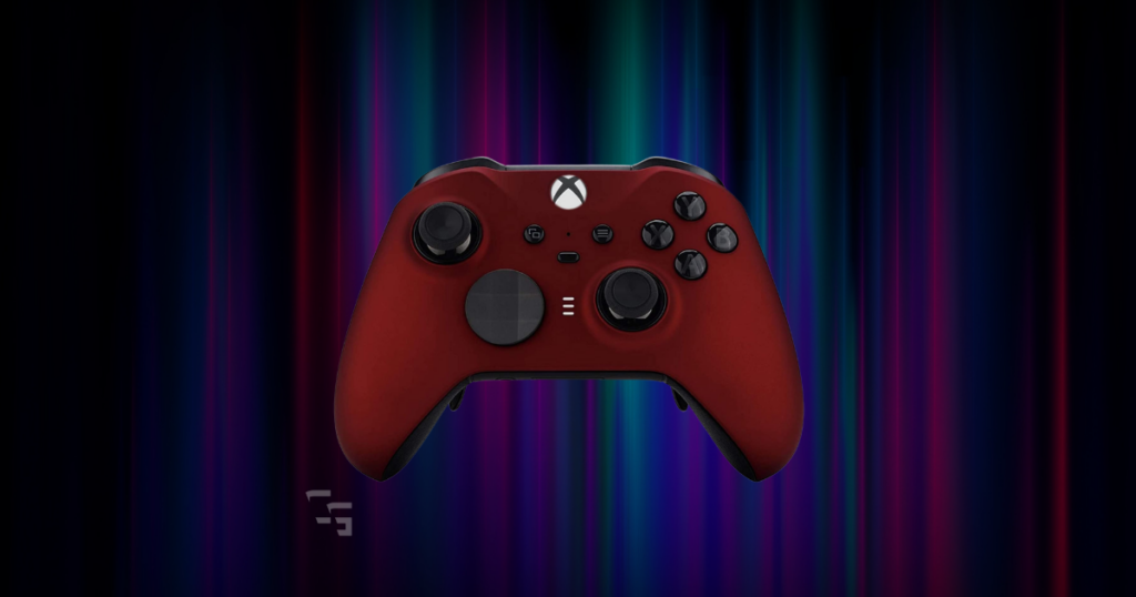 Red Xbox Elite Series 2 controller centered on a neon blue and purple light streak background with ChannlerG branding, used as a featured image for a gaming controller review.