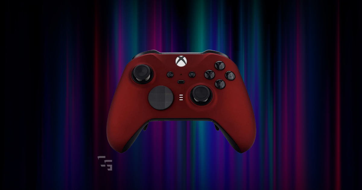 Red Xbox Elite Series 2 controller centered on a neon blue and purple light streak background with ChannlerG branding, used as a featured image for a gaming controller review.