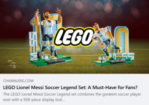 LEGO Lionel Messi Soccer Legend display set featuring two brick-built Messi poses with a large LEGO logo over a soccer stadium background.