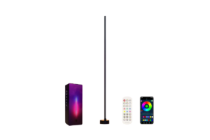 RGB LED floor lamp with color-changing lighting effects, remote control, smartphone app controls, and product packaging displayed alongside the lamp.