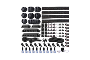 Cable management kit with cable sleeves, adhesive clips, zip ties, cable holders, and mounting accessories designed to organize gaming setup and desk cables.