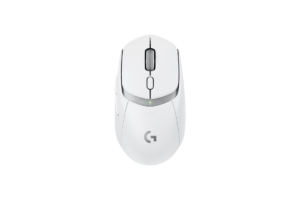 White Logitech wireless gaming mouse viewed from above, featuring a lightweight design, programmable buttons, and high-performance sensor technology for gaming and productivity.
