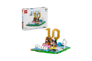 LEGO Lionel Messi Soccer Highlights set featuring a brick-built display with a number 10, Messi branding, soccer-themed details, and collectible display elements.