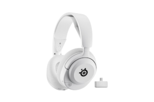 White SteelSeries Arctis wireless gaming headset with cushioned earcups, adjustable headband, built-in microphone, and USB wireless adapter.
