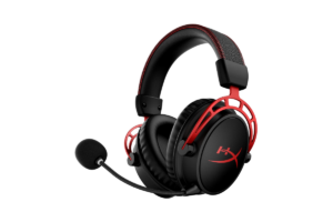 HyperX Cloud Alpha Wireless gaming headset with black and red design, detachable microphone, over-ear earcups, and lightweight frame for PC and console gaming.