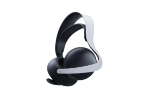 PlayStation Pulse Elite wireless gaming headset with black earcups, white suspension-style headband, and sleek over-ear design for PS5 gaming.