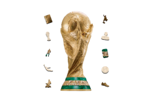 LEGO FIFA World Cup Trophy building set with miniature football-themed accessories and collectible display pieces arranged around the iconic World Cup trophy.