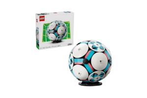 LEGO Soccer Ball building set with display stand shown beside its retail box, featuring a detailed brick-built football designed for display and collectors.