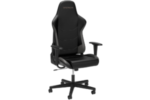 RESPAWN gaming chair in black faux leather with adjustable armrests, high-back racing-style design, and five-wheel base displayed on a transparent background.