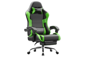 Dowinx gaming chair in black and green with a racing-style design, adjustable armrests, lumbar support cushion, headrest pillow, and retractable footrest.