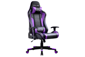 GTPLAYER gaming chair in black and purple with a racing-style design, adjustable armrests, lumbar support cushion, headrest pillow, and high-back ergonomic frame.