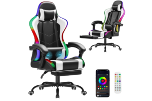 RGB gaming chair with colorful LED lighting, retractable footrest, padded armrests, lumbar support, and smartphone-controlled lighting effects for gaming and streaming setups.