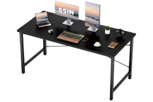 Sweetcrispy 55-inch gaming desk with spacious black desktop, dual-monitor setup, laptop workspace, keyboard, and minimalist modern design for gaming and home office use.