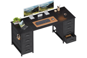 ODK 55-inch computer desk with drawers, open storage shelves, dual-monitor workspace, PC tower storage, built-in power outlets, and modern black finish.