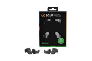 SCUF Elite Series 2 paddles for Xbox controllers displayed in retail packaging, featuring four removable rear paddles designed to enhance controller customization and competitive gaming performance.