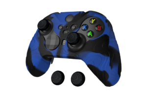 PlayVital silicone grip cover installed on an Xbox Elite Series 2 controller, featuring a blue and black camouflage design with textured grips and thumbstick caps for added comfort and control.