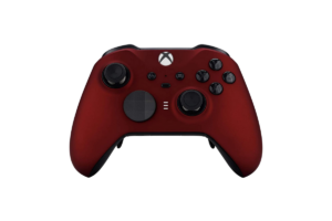 Red Xbox Elite Series 2 wireless controller with black thumbsticks, adjustable tension sticks, and customizable controls shown on a black background.
