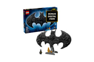 LEGO Batman Logo set 76330 featuring a detailed black Bat-Symbol display build, Batman minifigure, golden Batman minifigure, and collectible stand.