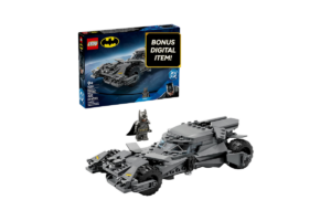 LEGO Batman v Superman Batmobile Set 76331 featuring a detailed miniature Batmobile build and Batman minifigure alongside the official LEGO set packaging.