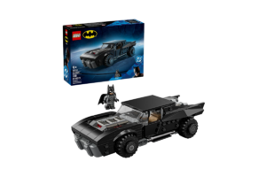 LEGO The Batman Batmobile Set 76332 featuring a black muscle-car-style Batmobile build from The Batman movie and a Batman minifigure displayed beside the official LEGO set box.