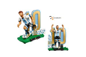 LEGO Lionel Messi Soccer Legend display set showing both build options, including a dribbling pose and a victory celebration pose with number 10 backdrop and soccer ball.