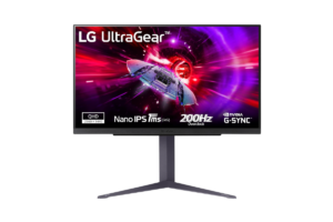 LG UltraGear 27-inch QHD gaming monitor with Nano IPS display, 200Hz refresh rate, NVIDIA G-SYNC compatibility, and futuristic spaceship graphics on screen.
