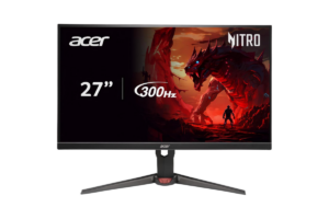 Acer Nitro 27-inch gaming monitor with a 300Hz refresh rate displaying a fantasy dragon scene, designed for competitive gaming and high-speed performance.