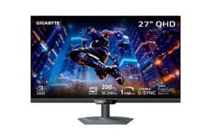 Gigabyte 27-inch QHD gaming monitor with a Super Speed IPS panel, 200Hz refresh rate, 1ms response time, NVIDIA G-SYNC compatibility, and AMD FreeSync Premium support.