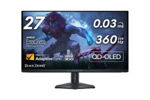 Alienware 27-inch QD-OLED gaming monitor featuring a 360Hz refresh rate, 0.03ms response time, AMD FreeSync Premium Pro support, and a futuristic gaming display.