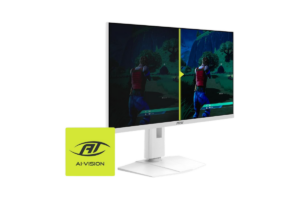 MSI white gaming monitor featuring AI Vision technology with a split-screen gaming comparison demonstrating enhanced brightness and visibility in dark scenes.