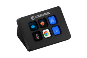 Elgato Stream Deck with six customizable LCD buttons displaying app shortcuts and streaming controls, used for content creation, streaming, and workflow automation.