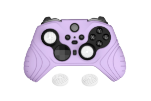 Purple silicone controller cover with white thumbstick grips installed on an Xbox-style controller, designed to improve comfort, grip, and control during gaming sessions.